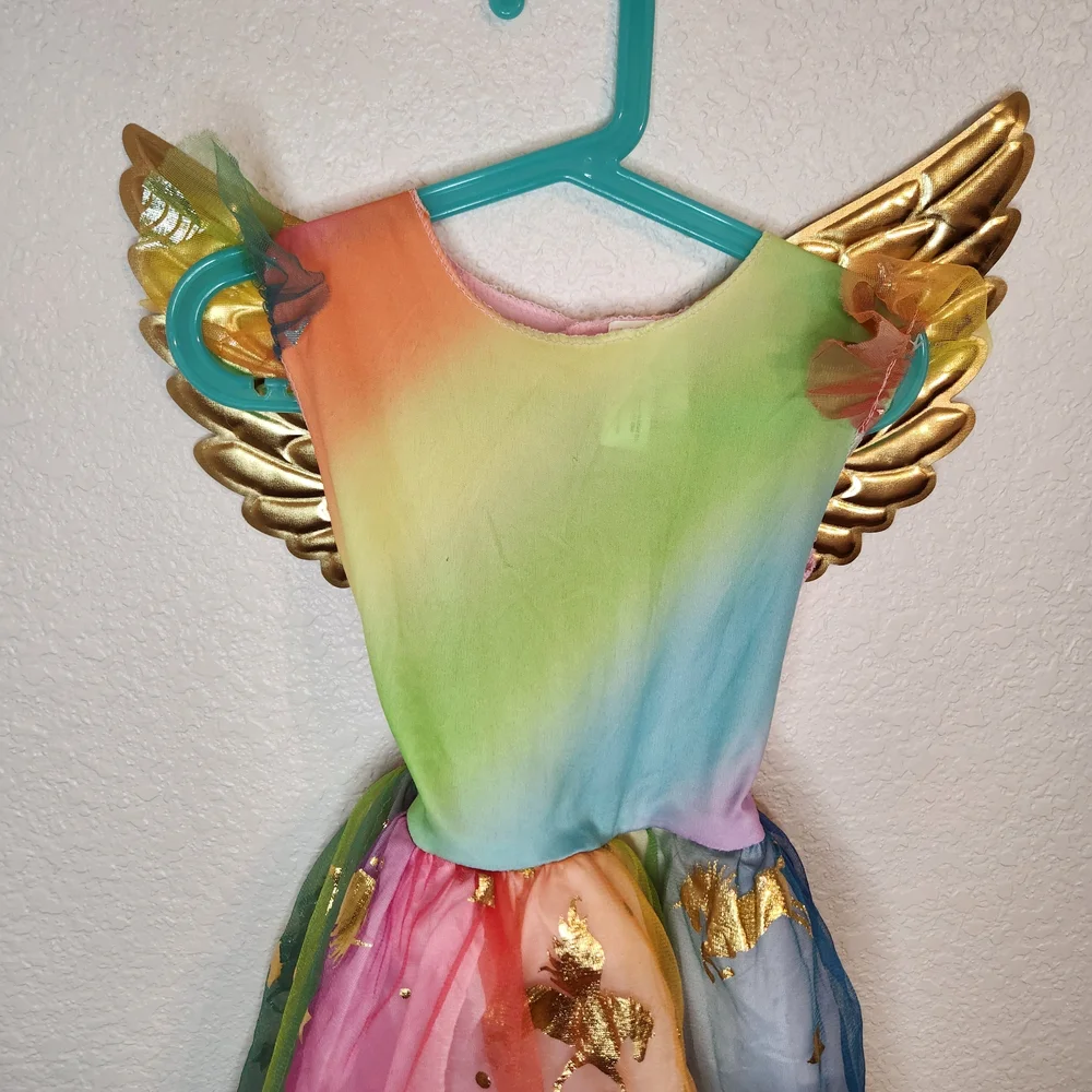 Kids Rainbow Gold Wing Fairy Costume unicorn princess 4 5